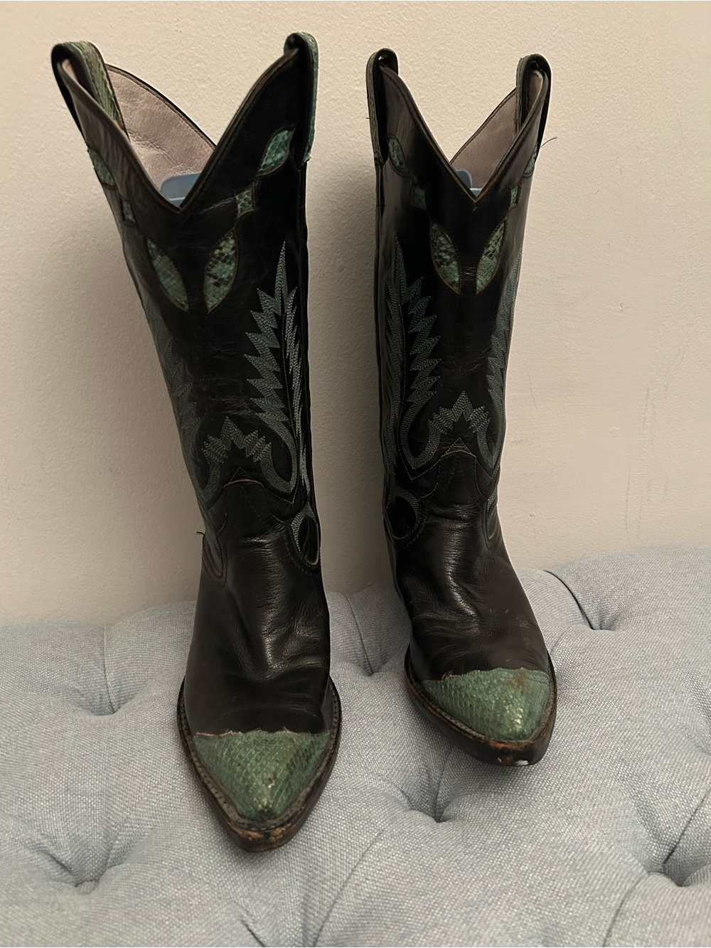 Vintage Larry Mahan Green Exotic Snakeskin Western Cowboy Boots Womens 8